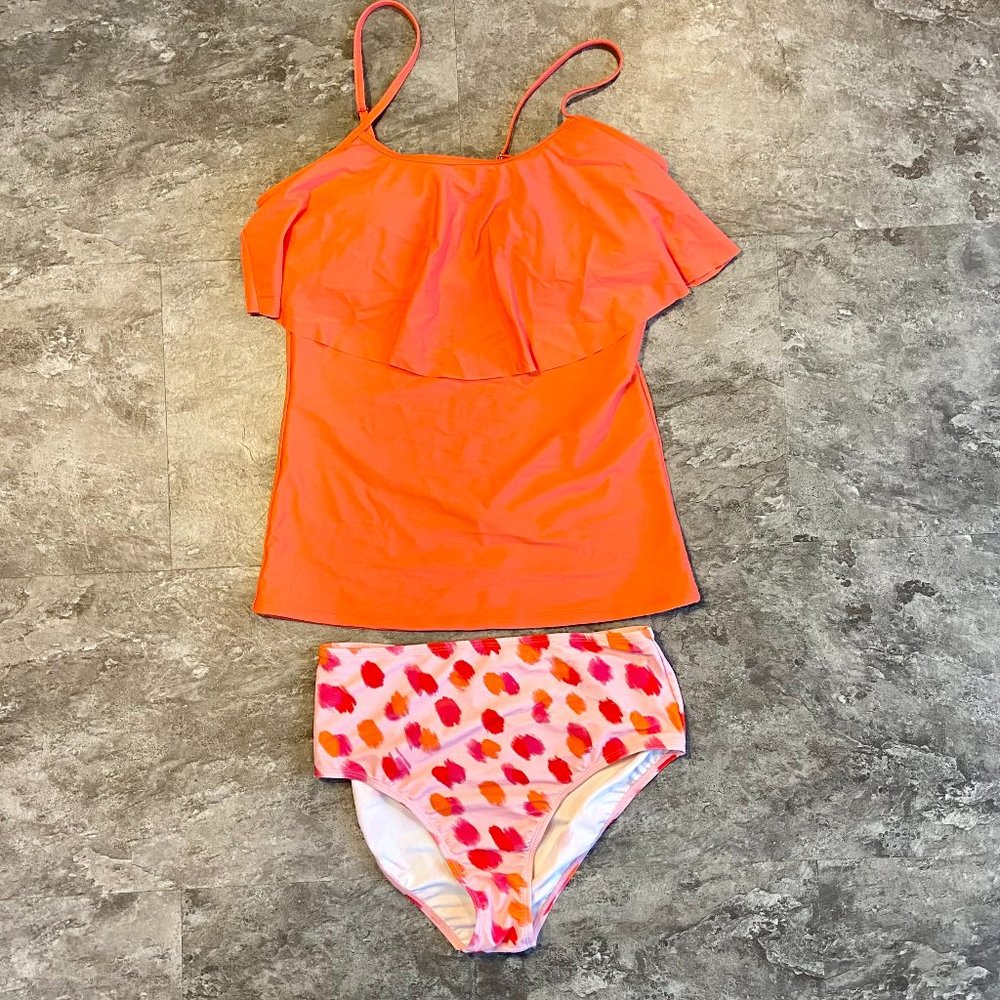 Women’s Orange Ruffle Tankini with Pink Patterned High-Waist Bottoms